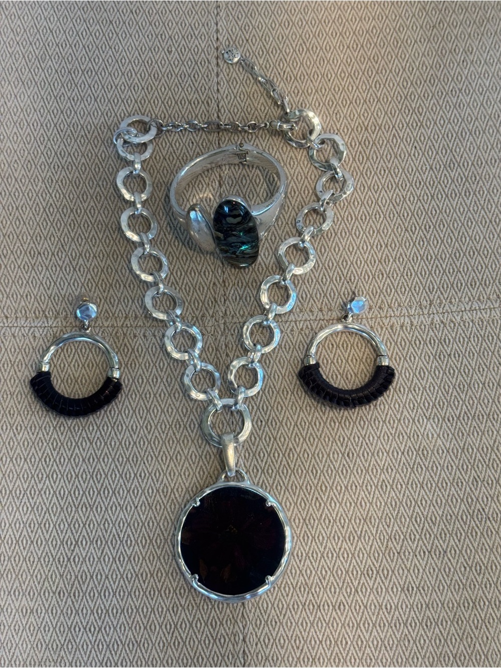 Silver-Tone Black Pendant Necklace Set with Hoop Earrings and Statement Ring